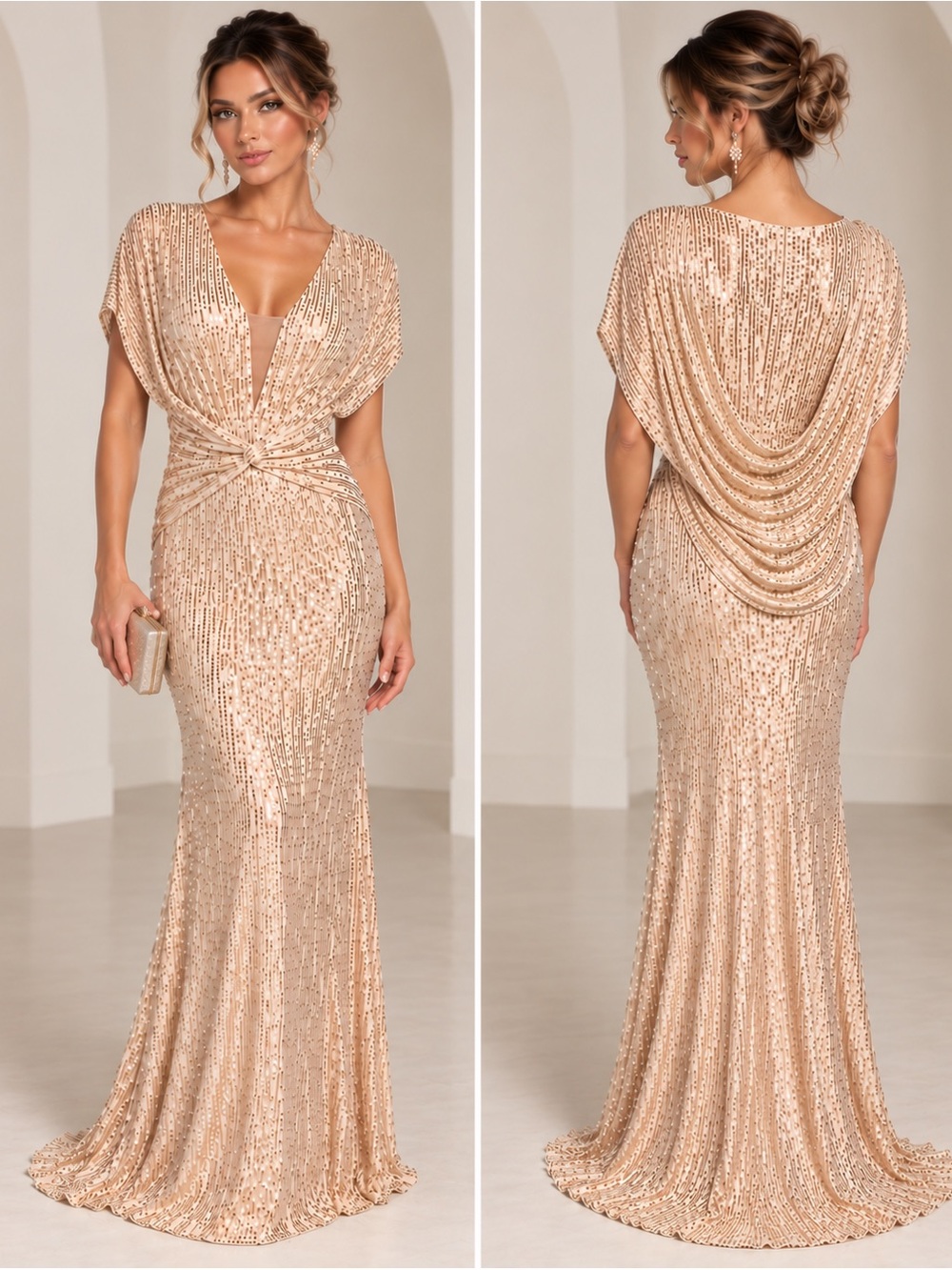 Champagne Sequin Draped Shoulder Formal Maxi Gown Evening Dress Size L